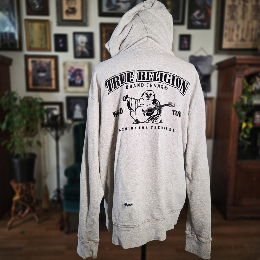 True Religion Zip Up Hoodie Mens 3XL Grey World Tour Buddha Logo Distressed Y2K